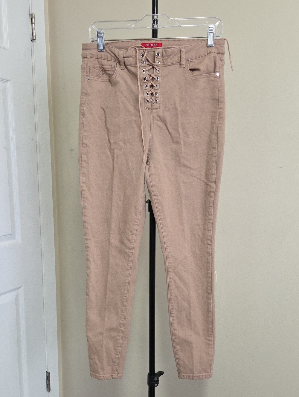 GUESS Cotton Blend Lace-Up High-Waist Skinny Jeans - Beige